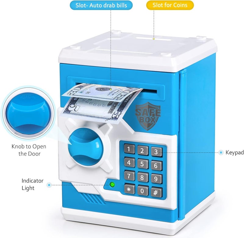 The Toys Home ATM Piggy Bank for Kids, Electronic Money Saving Box with 4-Digit Password Lock, Auto Grab Bill and Coin Slot, Blue and White Safe Box, Great Gift Toy for Boys and Girls (White-Blue) - Image 4
